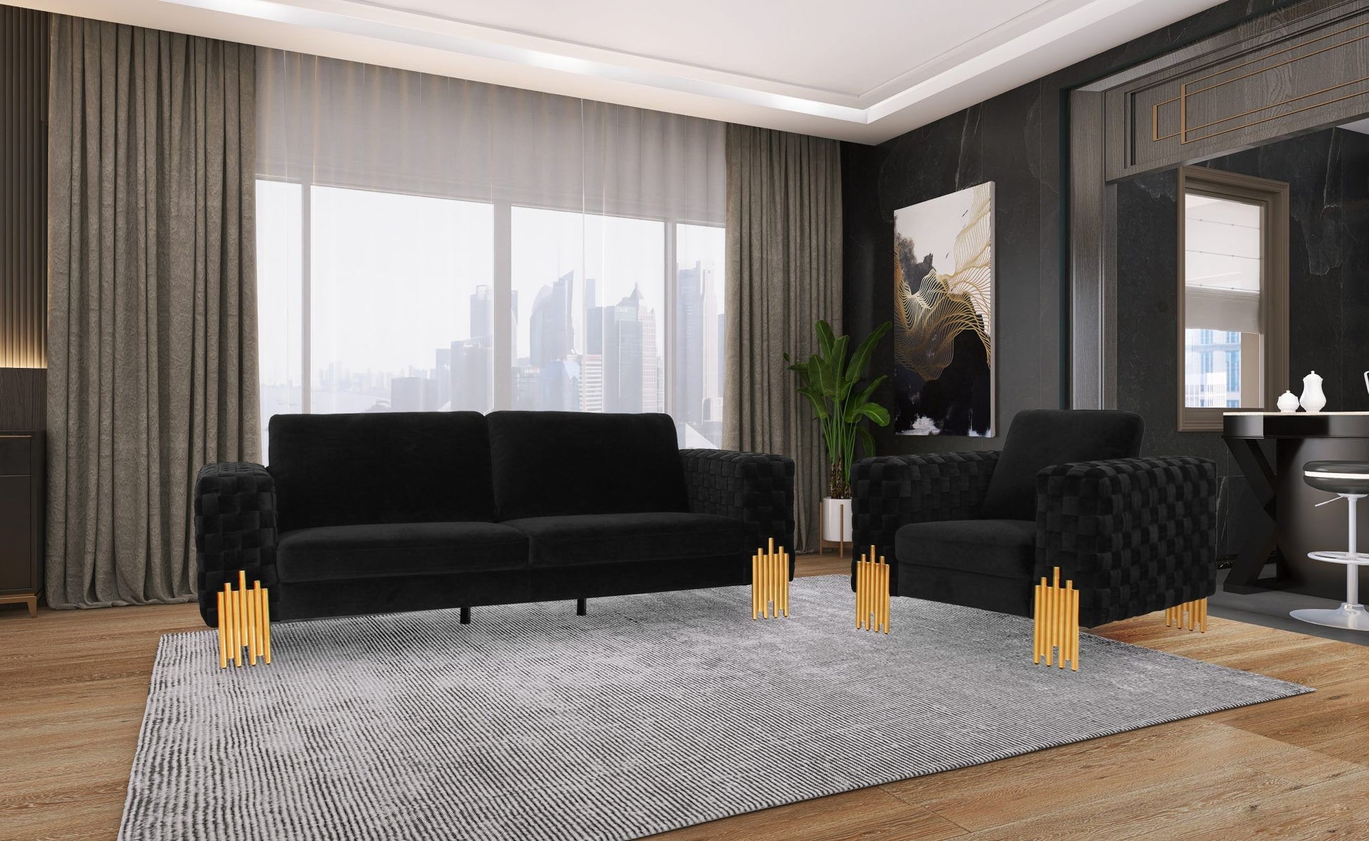 DIVANI CASA GEORGIA- MODERN VELVET GLAM BLACK + GOLD 3 PCS LIVING ROOM SET