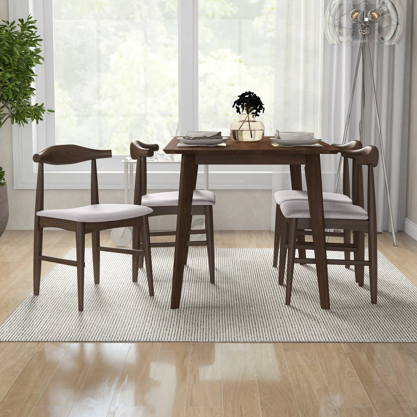 CARLOS DINING SET SMALL TABLE WALNUT WITH 4 DAMIAN GRAY FABRIC CHAIRS