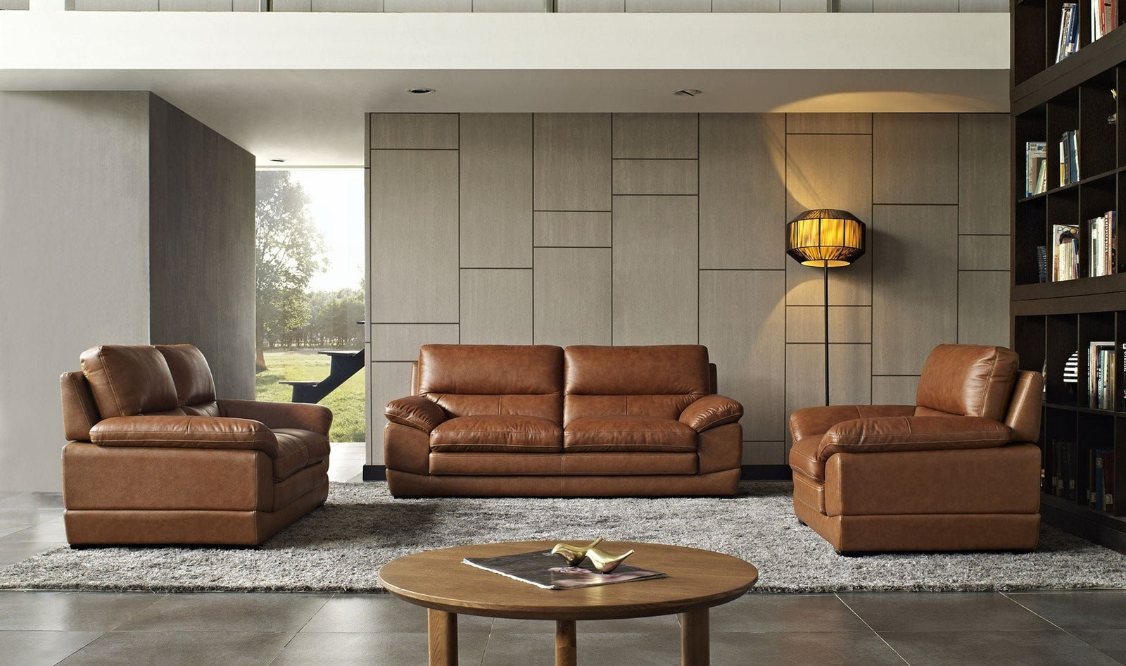 DIVANI CASA KENDRICK - TRADITIONAL MODERN COGNAC LEATHER 3 PCS LIVING ROOM SET