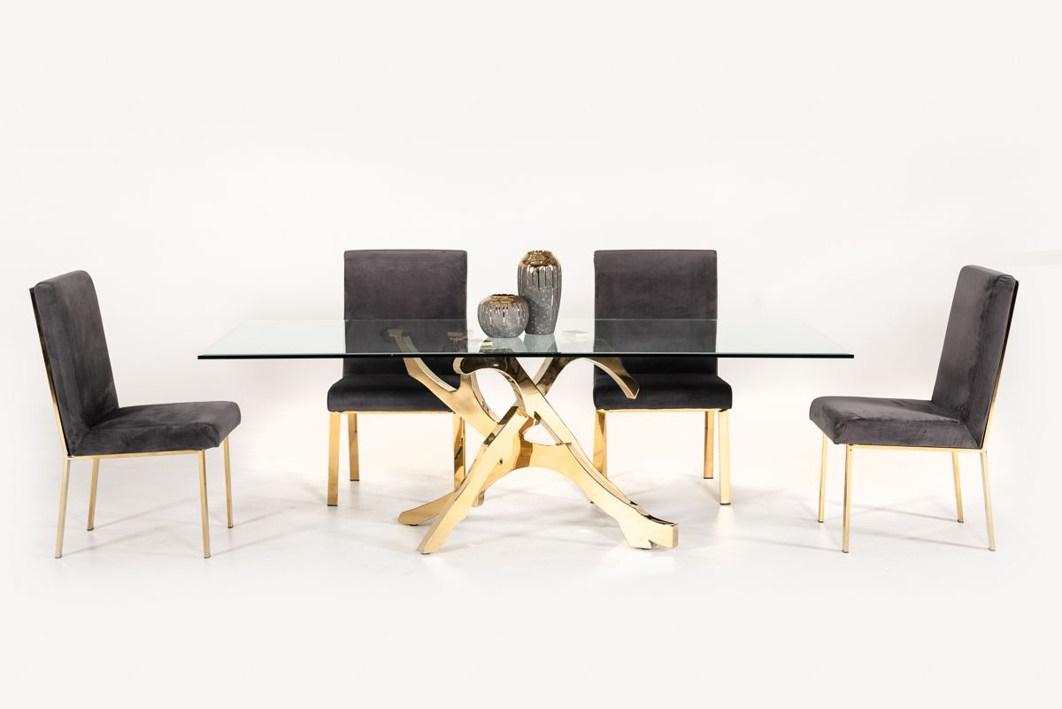 MODREST LEGEND MODERN GLASS & GOLD DINING TABLE SET