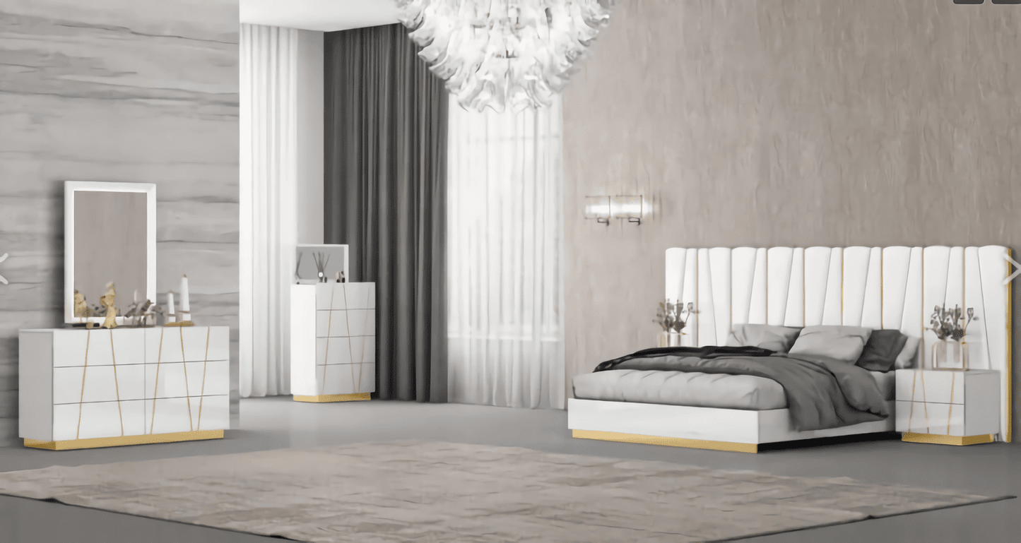 OLIMPIA-I 4PCS KING/QUEEN PANEL BEDROOM SET - WHITE/GOLD