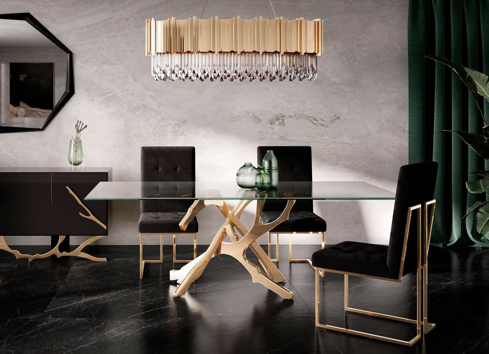 MODREST LEGEND MODERN GLASS & GOLD DINING TABLE SET