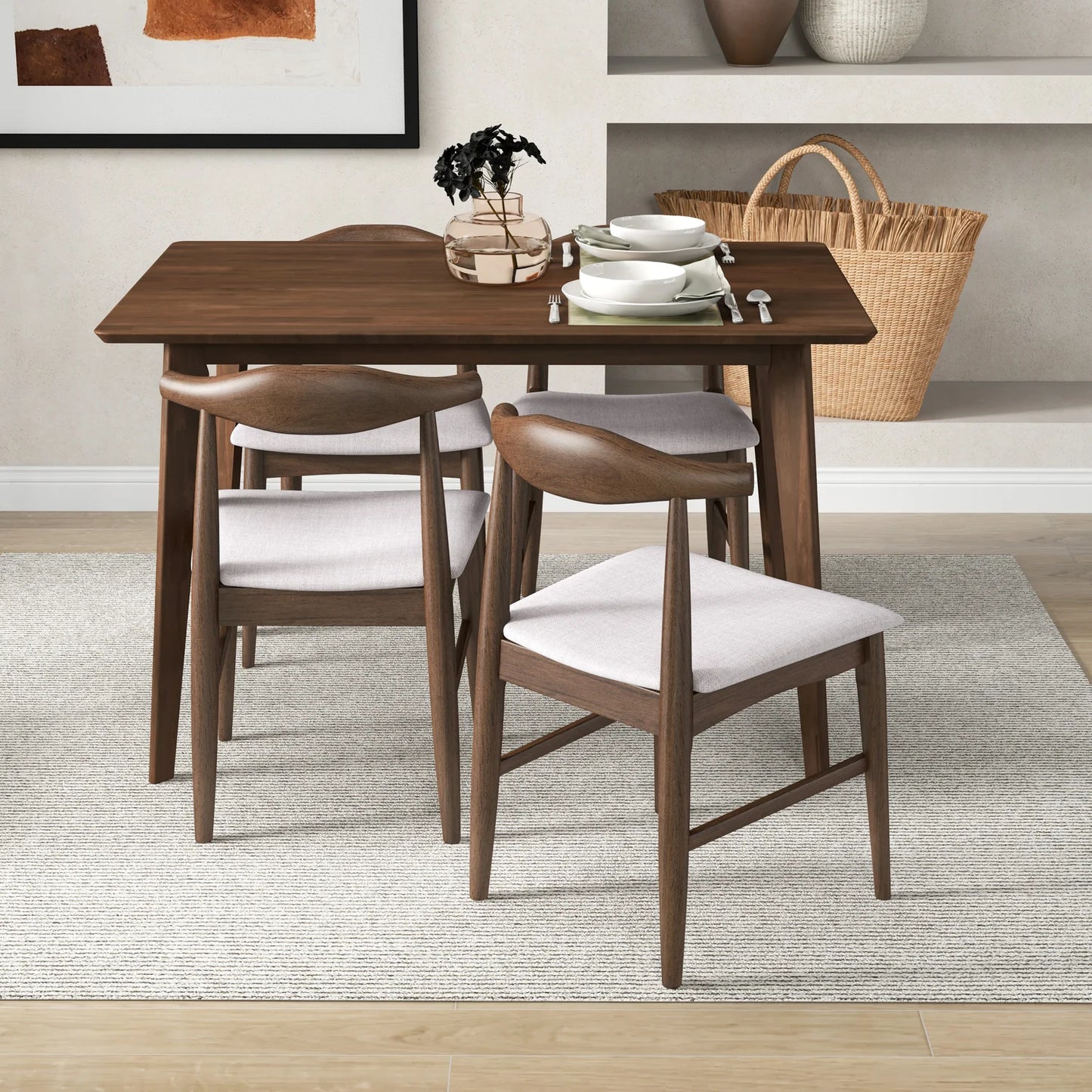 CARLOS DINING SET SMALL TABLE WALNUT WITH 4 DAMIAN GRAY FABRIC CHAIRS