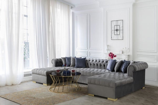 LAUREN - VELVET DOUBLE CHAISE SECTIONAL LIVING ROOM SET - MUSTARD