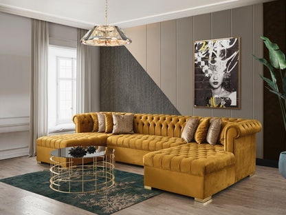 LAUREN - VELVET DOUBLE CHAISE SECTIONAL LIVING ROOM SET - MUSTARD