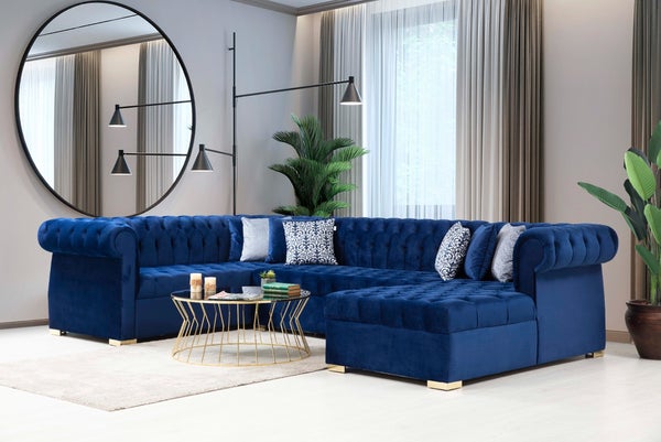 LUXEN - VELVET RAF CHAISE SECTIONAL LIVING ROOM SET - BLUE