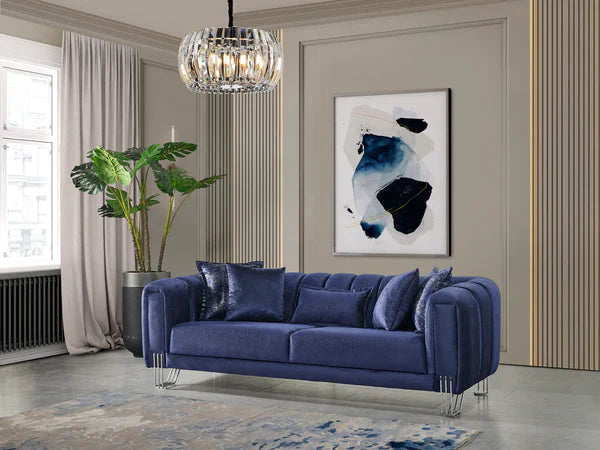 SANTANA VELVET SOFA & LOVESEAT LIVING ROOM SET - BLUE