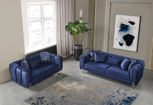SANTANA VELVET SOFA & LOVESEAT LIVING ROOM SET - BLUE