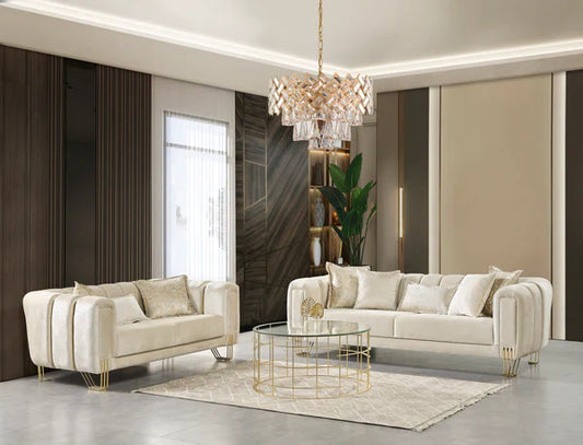 SANTANA VELVET SOFA & LOVESEAT LIVING ROOM SET - IVORY