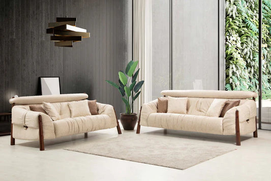 FABIAN NUBUCK LEATHER SOFA & LOVESEAT LIVING ROOM SET - CREAM