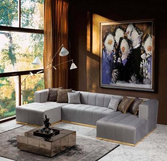 ELISHA - VELVET DOUBLE CHAISE SECTIONAL - GREY