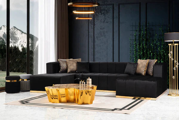 ELISHA - VELVET DOUBLE CHAISE SECTIONAL LIVING ROOM SET - BLACK
