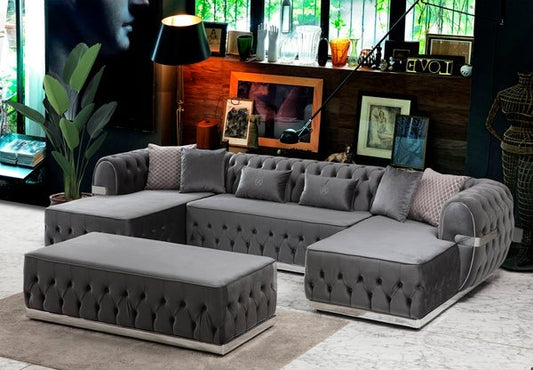 JESTER - VELVET DOUBLE CHAISE SECTIONAL LIVING ROOM SET - GRAY