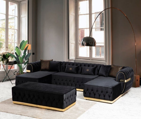 JESTER - VELVET DOUBLE CHAISE SECTIONAL LIVING ROOM SET - BLACK