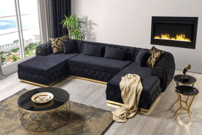 JESS - VELVET DOUBLE CHAISE SECTIONAL LIVING ROOM SET - BLACK