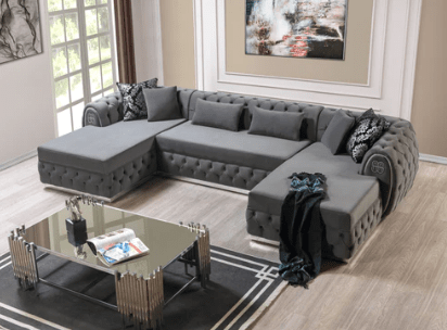 JESS - VELVET DOUBLE CHAISE SECTIONAL LIVING ROOM SET - GRAY