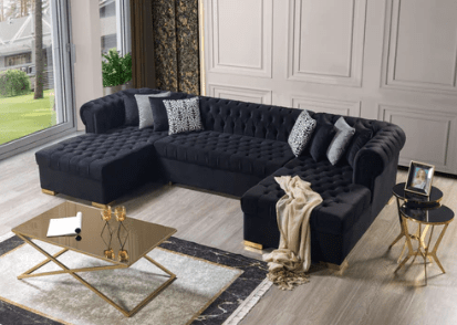 LAUREN - VELVET DOUBLE CHAISE SECTIONAL LIVING ROOM SET - BLACK