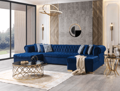 LAUREN - VELVET DOUBLE CHAISE SECTIONAL LIVING ROOM SET - BLUE