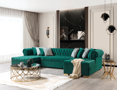 LAUREN - VELVET DOUBLE CHAISE SECTIONAL LIVING ROOM SET - GREEN