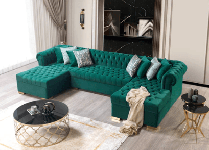 LAUREN - VELVET DOUBLE CHAISE SECTIONAL LIVING ROOM SET - GREEN