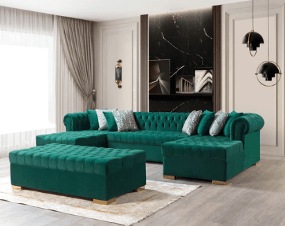 LAUREN - VELVET DOUBLE CHAISE SECTIONAL LIVING ROOM SET - GREEN