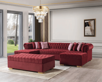 LAUREN - VELVET DOUBLE CHAISE SECTIONAL LIVING ROOM SET - RED MAROON