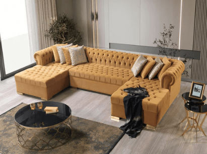 LAUREN - VELVET DOUBLE CHAISE SECTIONAL LIVING ROOM SET - MUSTARD