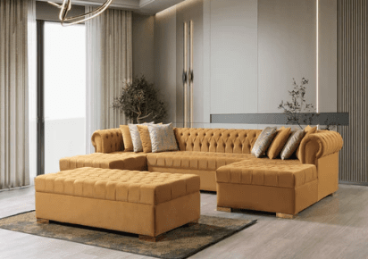 LAUREN - VELVET DOUBLE CHAISE SECTIONAL LIVING ROOM SET - MUSTARD