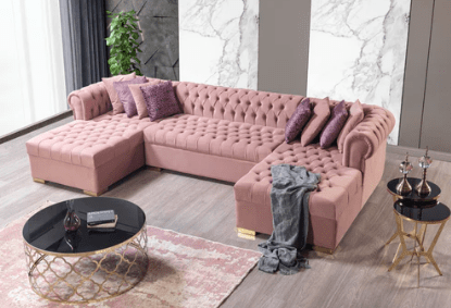 LAUREN - VELVET DOUBLE CHAISE SECTIONAL LIVING ROOM SET - PINK