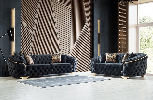 LUPINO SOFA & LOVESEAT VELVET LIVING ROOM SET - BLACK