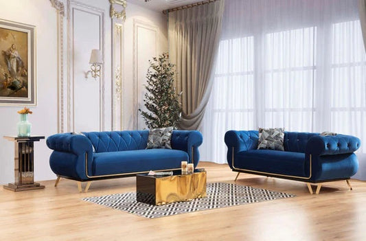 ROSY VELVET SOFA & LOVESEAT LIVING ROOM SET - BLUE