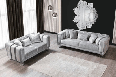 SANTANA VELVET SOFA & LOVESEAT LIVING ROOM SET - SILVER