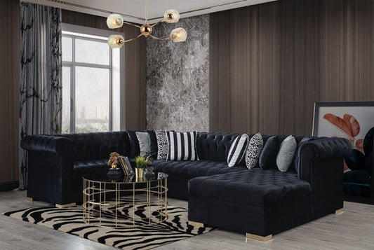 LUXEN - VELVET RAF CHAISE SECTIONAL LIVING ROOM SET - BLACK