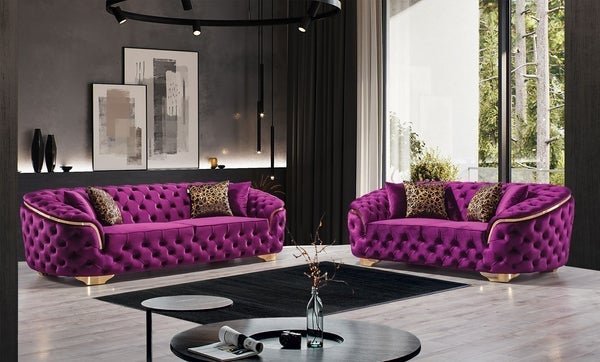 LUPINO SOFA & LOVESEAT VELVET LIVING ROOM SET - PURPLE